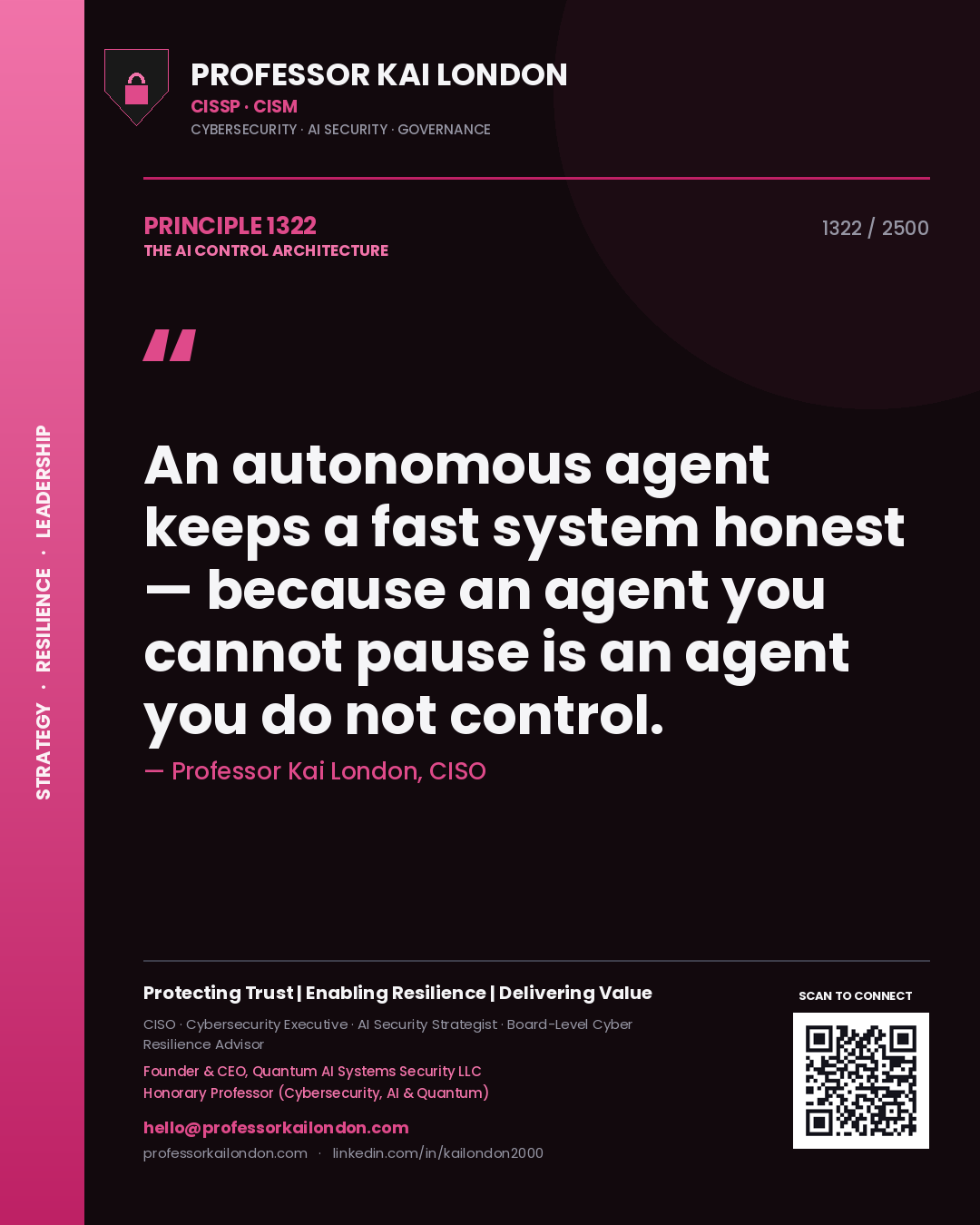 Quote card by Professor Kai London reading 'An autonomous agent keeps a fast system honest — because an agent you cannot pause is an agent you do not control.'. From the book The AI Control Architecture.