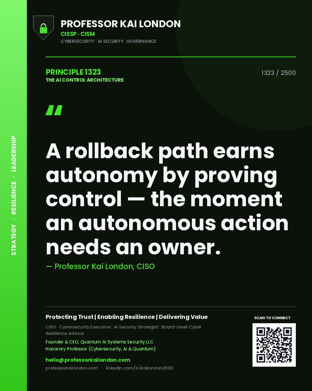 Professor Kai London principle 1323: A rollback path earns autonomy by proving control — the moment an autonomous action needs an owner.