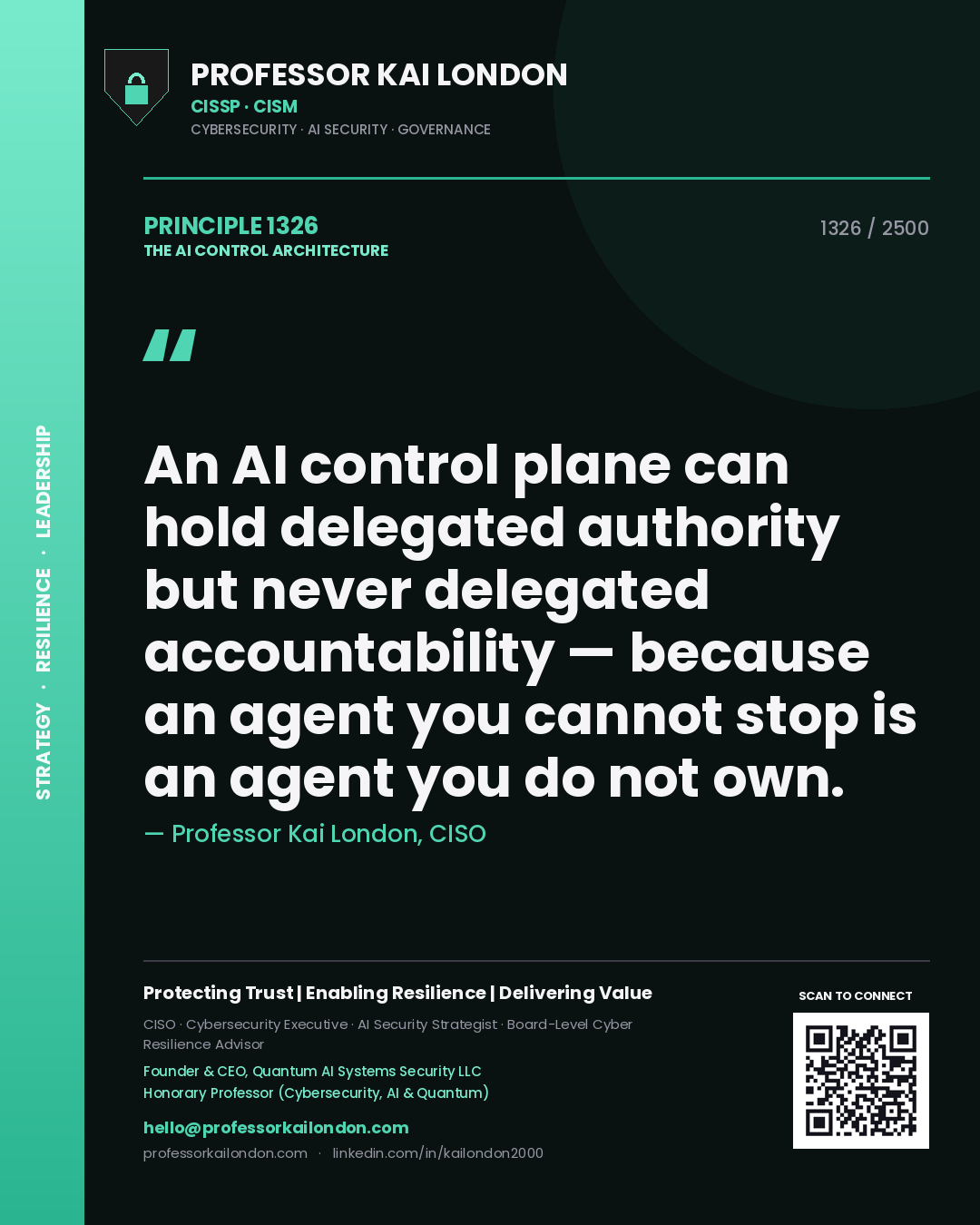 Professor Kai London principle 1326: An AI control plane can hold delegated authority but never delegated accountability — because an agent you cannot stop is an agent you do not own.