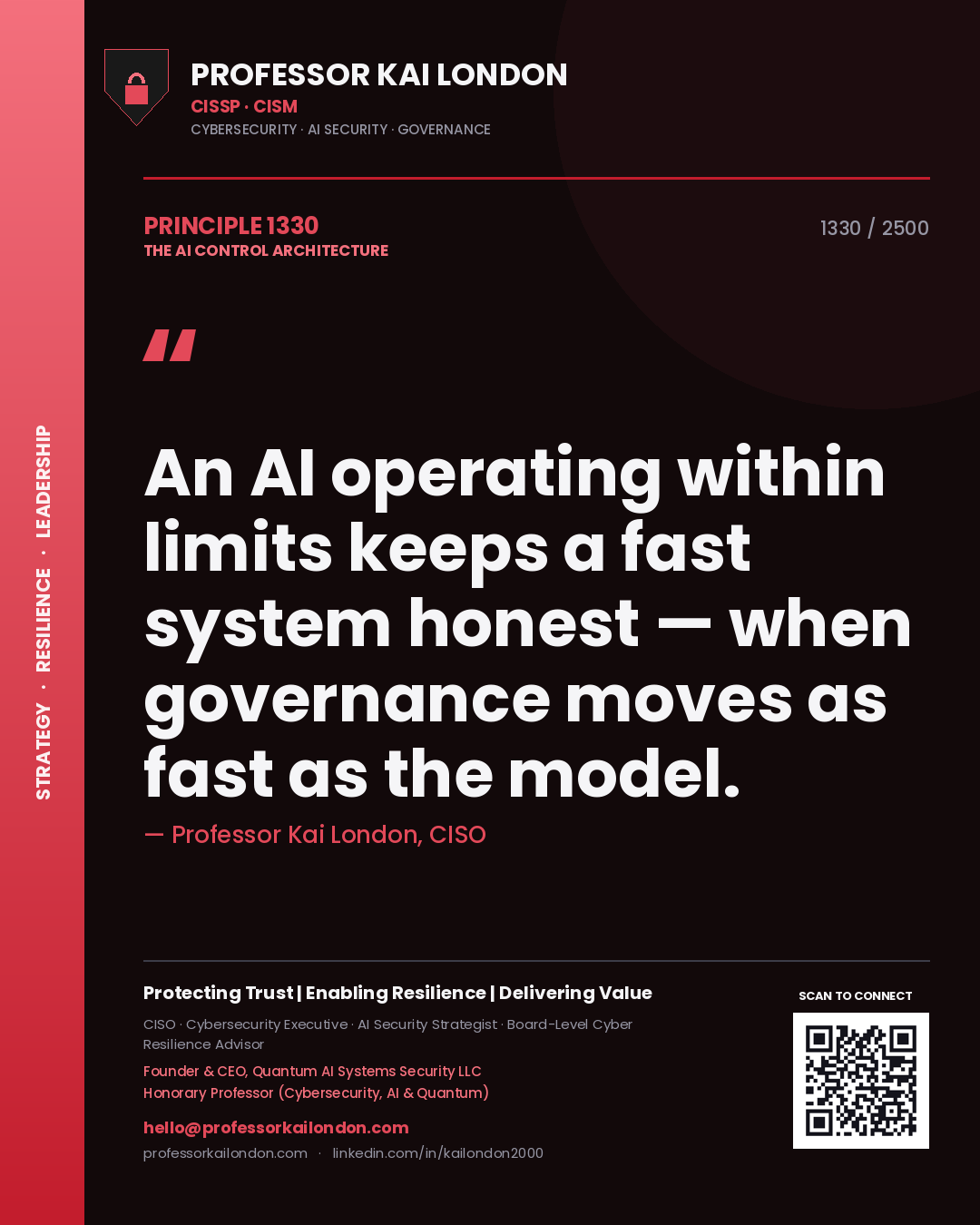 Professor Kai London principle 1330: An AI operating within limits keeps a fast system honest — when governance moves as fast as the model.
