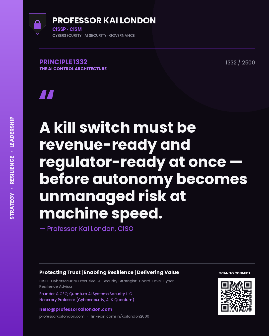 Quote card by Professor Kai London reading 'A kill switch must be revenue-ready and regulator-ready at once — before autonomy becomes unmanaged risk at machine speed.'. From the book The AI Control Architecture.