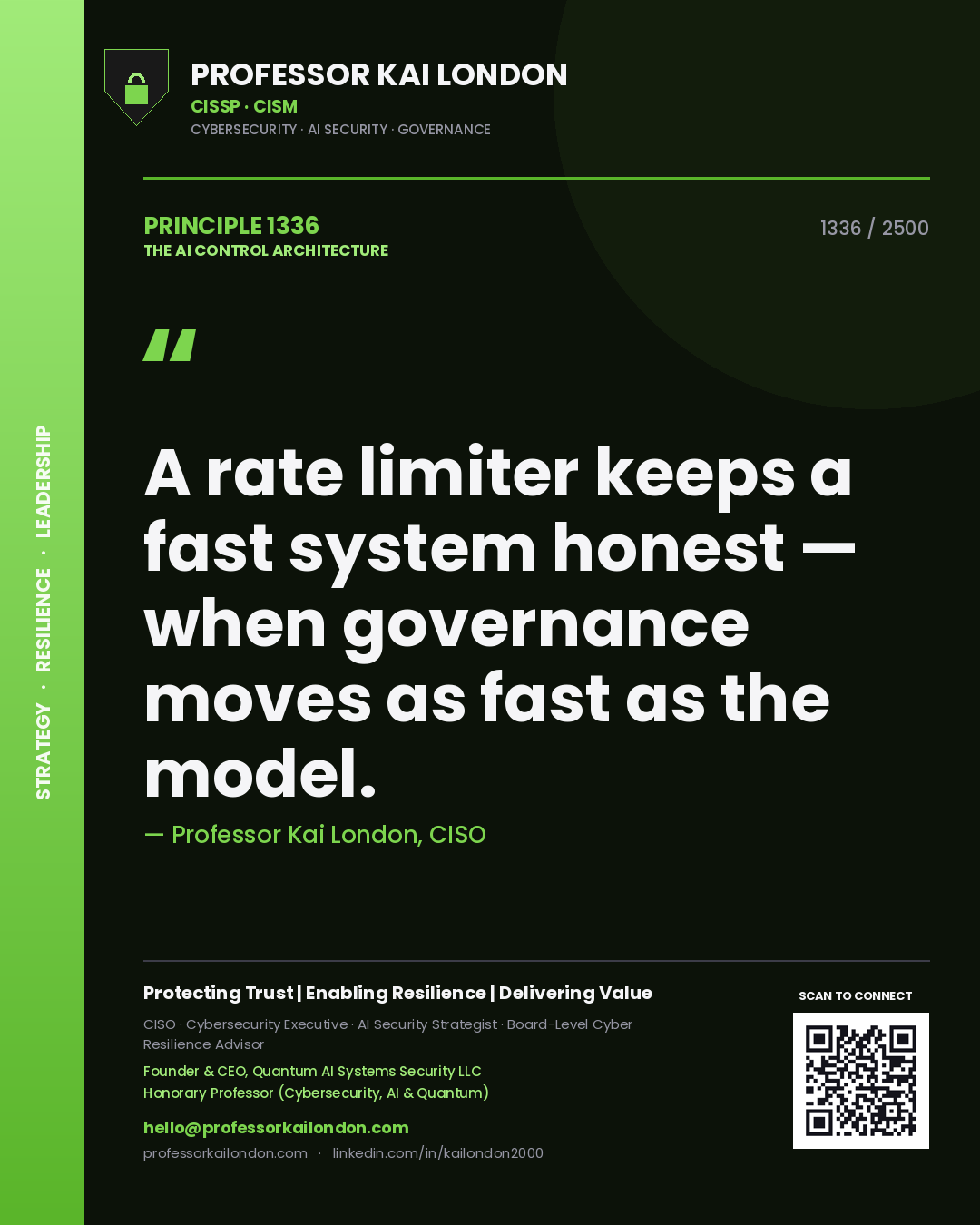 Quote card by Professor Kai London reading 'A rate limiter keeps a fast system honest — when governance moves as fast as the model.'. From the book The AI Control Architecture.