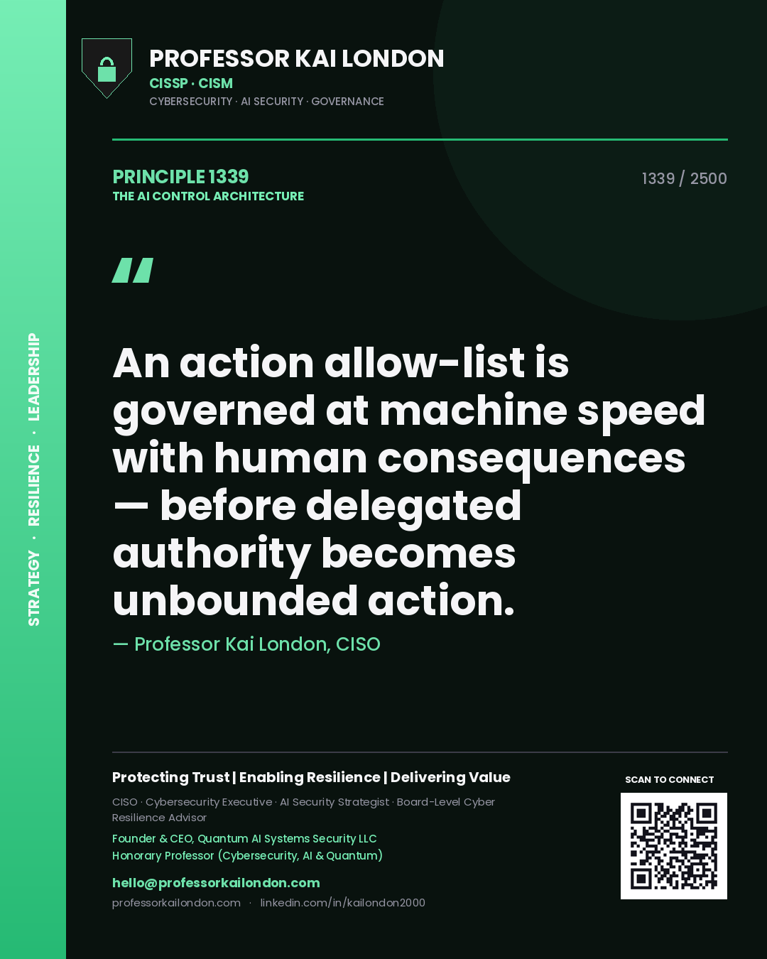 Quote card by Professor Kai London reading 'An action allow-list is governed at machine speed with human consequences — before delegated authority becomes unbounded action.'. From the book The AI Control Architecture.