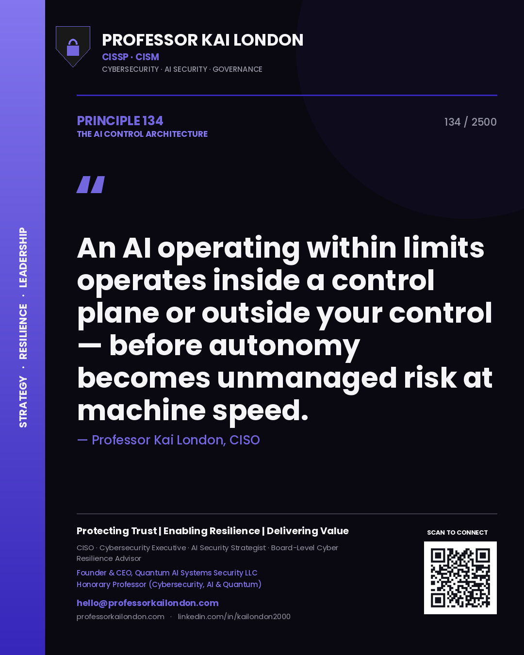 Professor Kai London principle 134: An AI operating within limits operates inside a control plane or outside your control — before autonomy becomes unmanaged risk at machine speed.