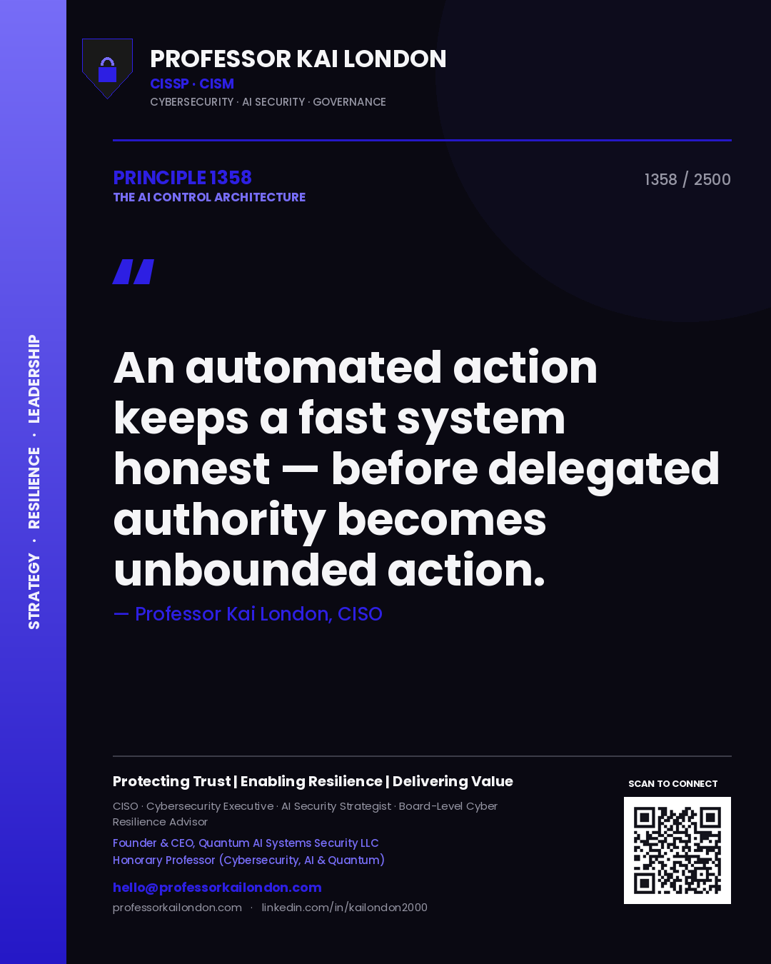 Quote card by Professor Kai London reading 'An automated action keeps a fast system honest — before delegated authority becomes unbounded action.'. From the book The AI Control Architecture.