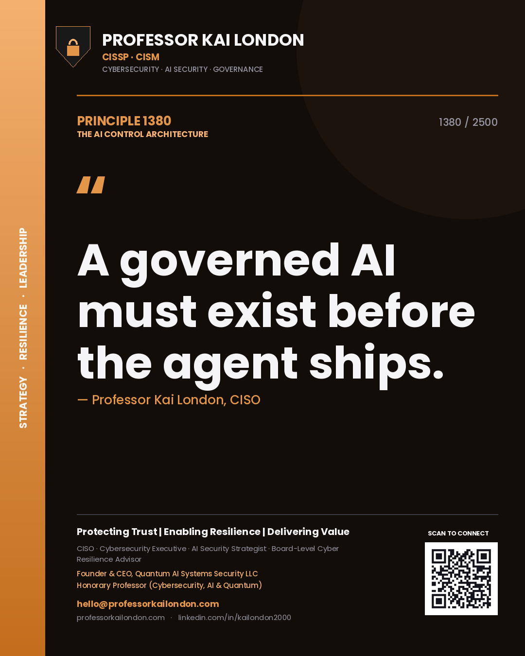 Quote card by Professor Kai London reading 'A governed AI must exist before the agent ships.'. From the book The AI Control Architecture.