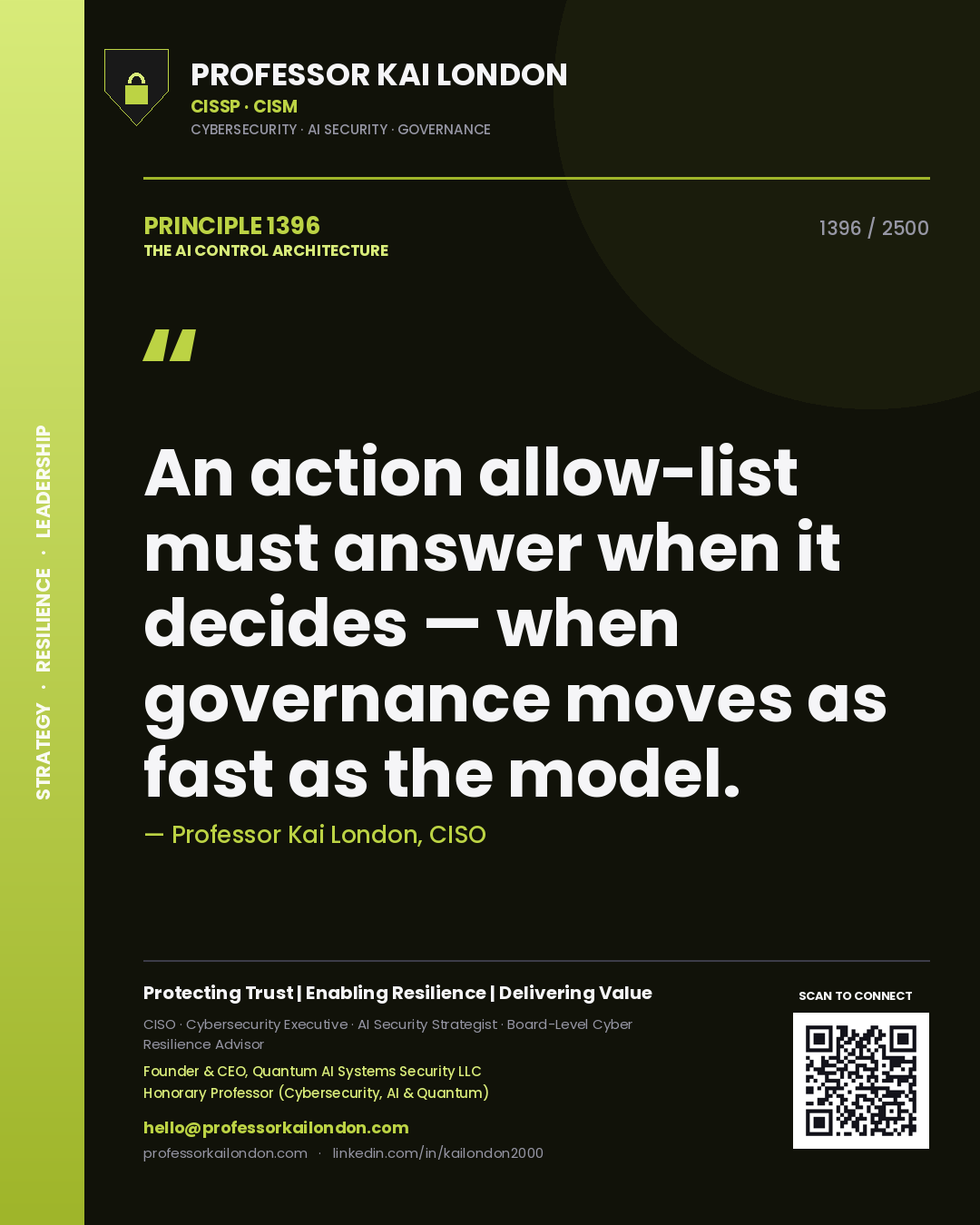 Professor Kai London principle 1396: An action allow-list must answer when it decides — when governance moves as fast as the model.