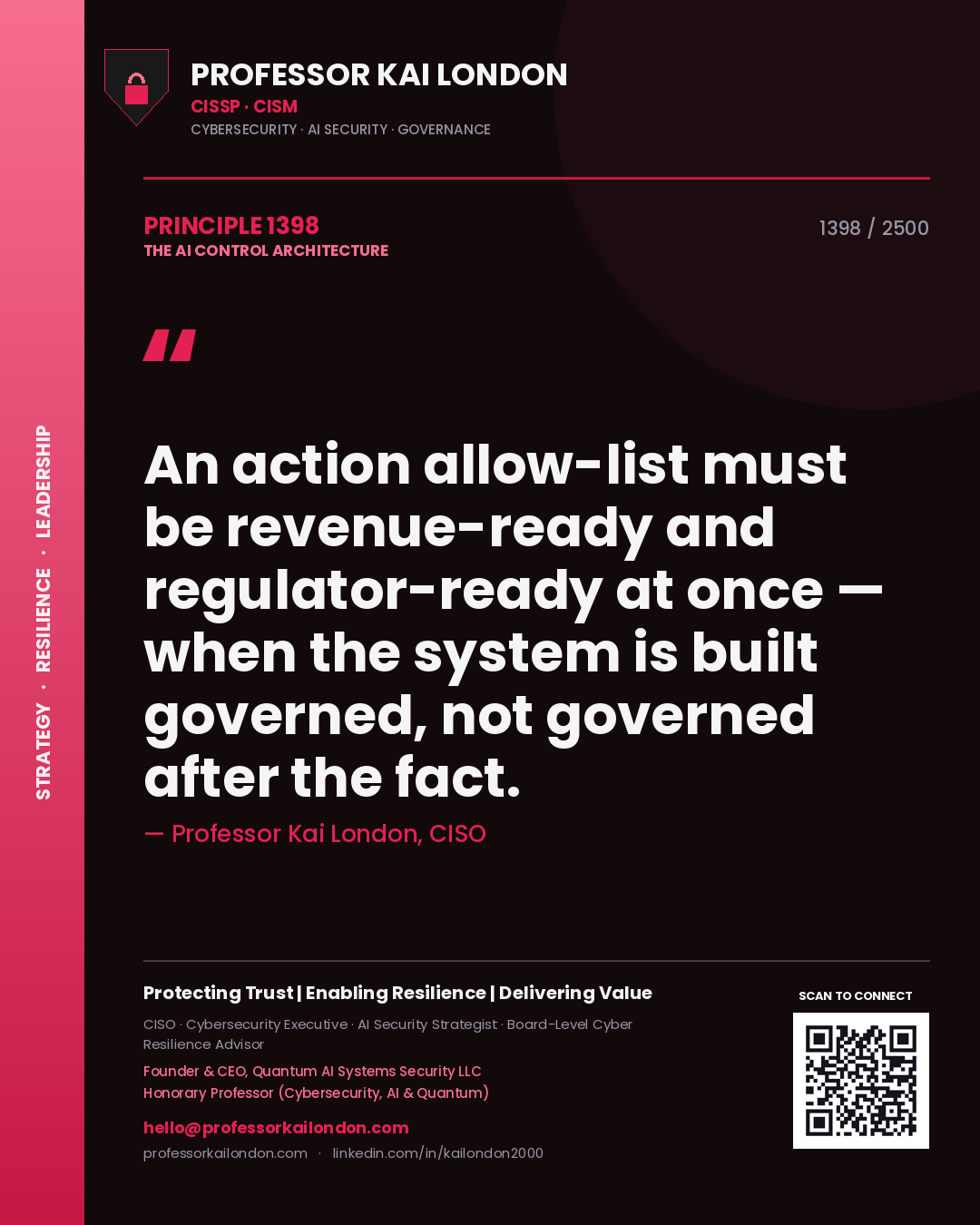 Quote card by Professor Kai London reading 'An action allow-list must be revenue-ready and regulator-ready at once — when the system is built governed, not governed after the fact.'. From the book The AI Control Architecture.