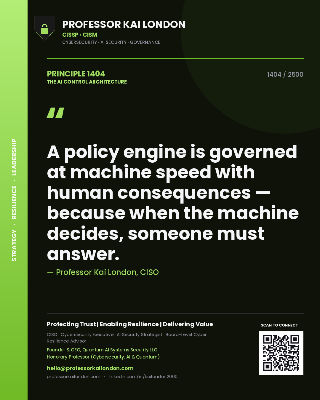 Professor Kai London principle 1404: A policy engine is governed at machine speed with human consequences — because when the machine decides, someone must answer.