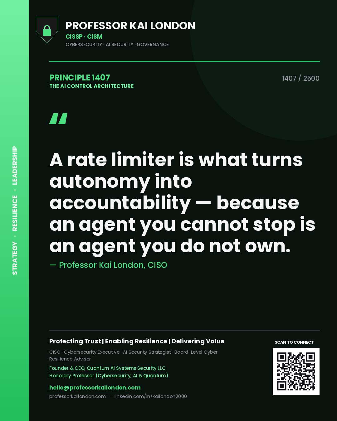 Quote card by Professor Kai London reading 'A rate limiter is what turns autonomy into accountability — because an agent you cannot stop is an agent you do not own.'. From the book The AI Control Architecture.