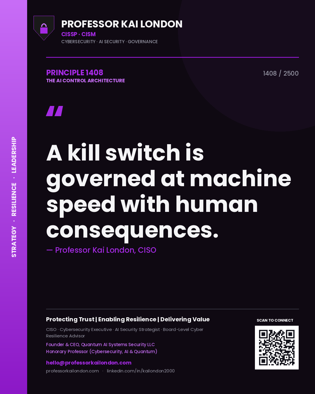 Quote card by Professor Kai London reading 'A kill switch is governed at machine speed with human consequences.'. From the book The AI Control Architecture.