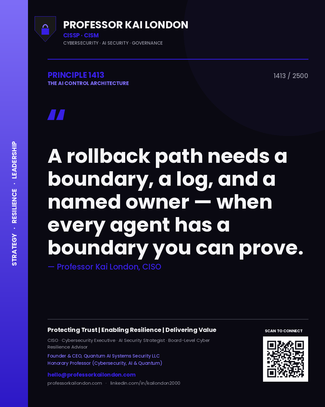 Quote card by Professor Kai London reading 'A rollback path needs a boundary, a log, and a named owner — when every agent has a boundary you can prove.'. From the book The AI Control Architecture.
