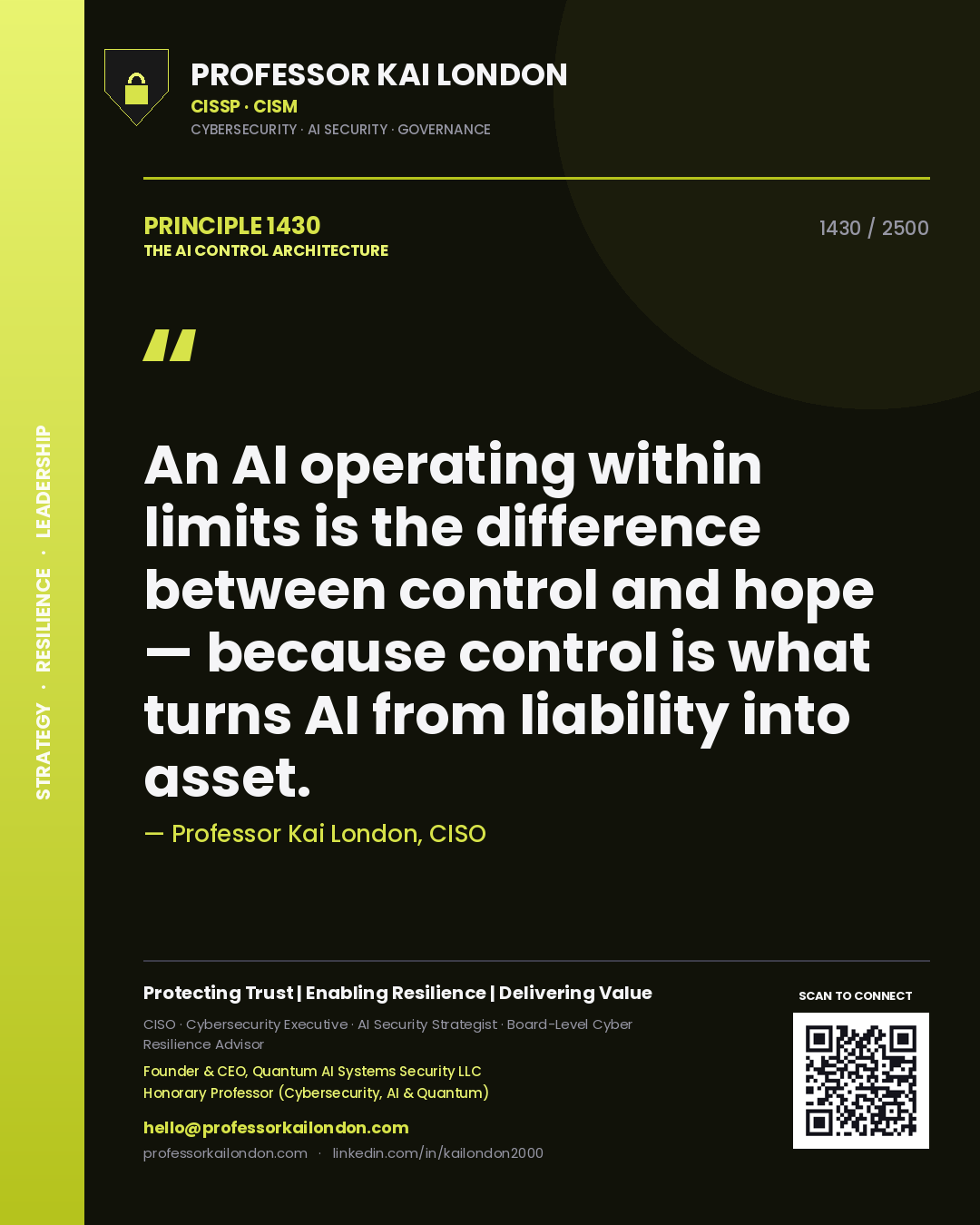 Professor Kai London principle 1430: An AI operating within limits is the difference between control and hope — because control is what turns AI from liability into asset.