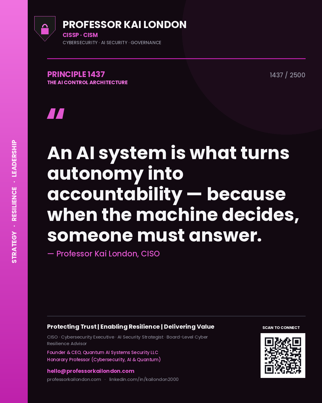 Professor Kai London principle 1437: An AI system is what turns autonomy into accountability — because when the machine decides, someone must answer.