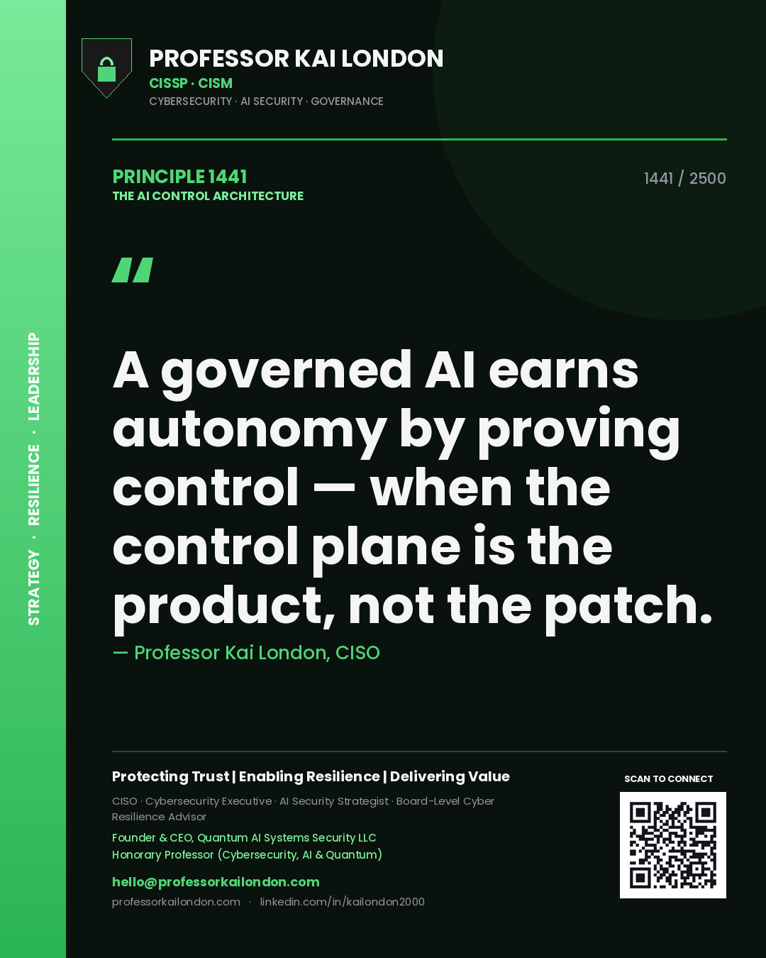 Quote card by Professor Kai London reading 'A governed AI earns autonomy by proving control — when the control plane is the product, not the patch.'. From the book The AI Control Architecture.