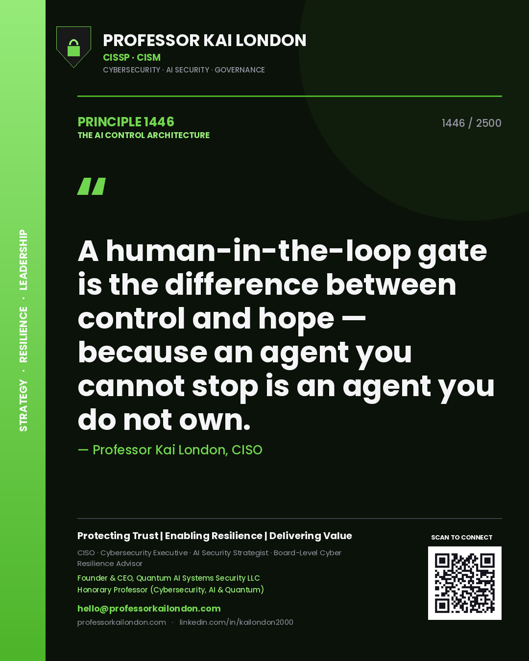 Professor Kai London principle 1446: A human-in-the-loop gate is the difference between control and hope — because an agent you cannot stop is an agent you do not own.