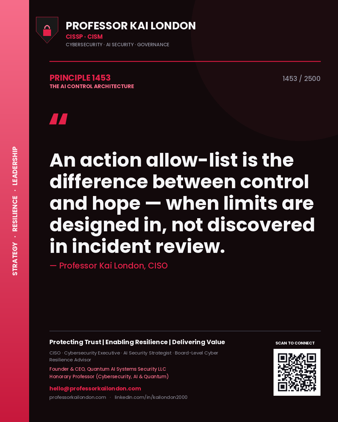 Professor Kai London principle 1453: An action allow-list is the difference between control and hope — when limits are designed in, not discovered in incident review.