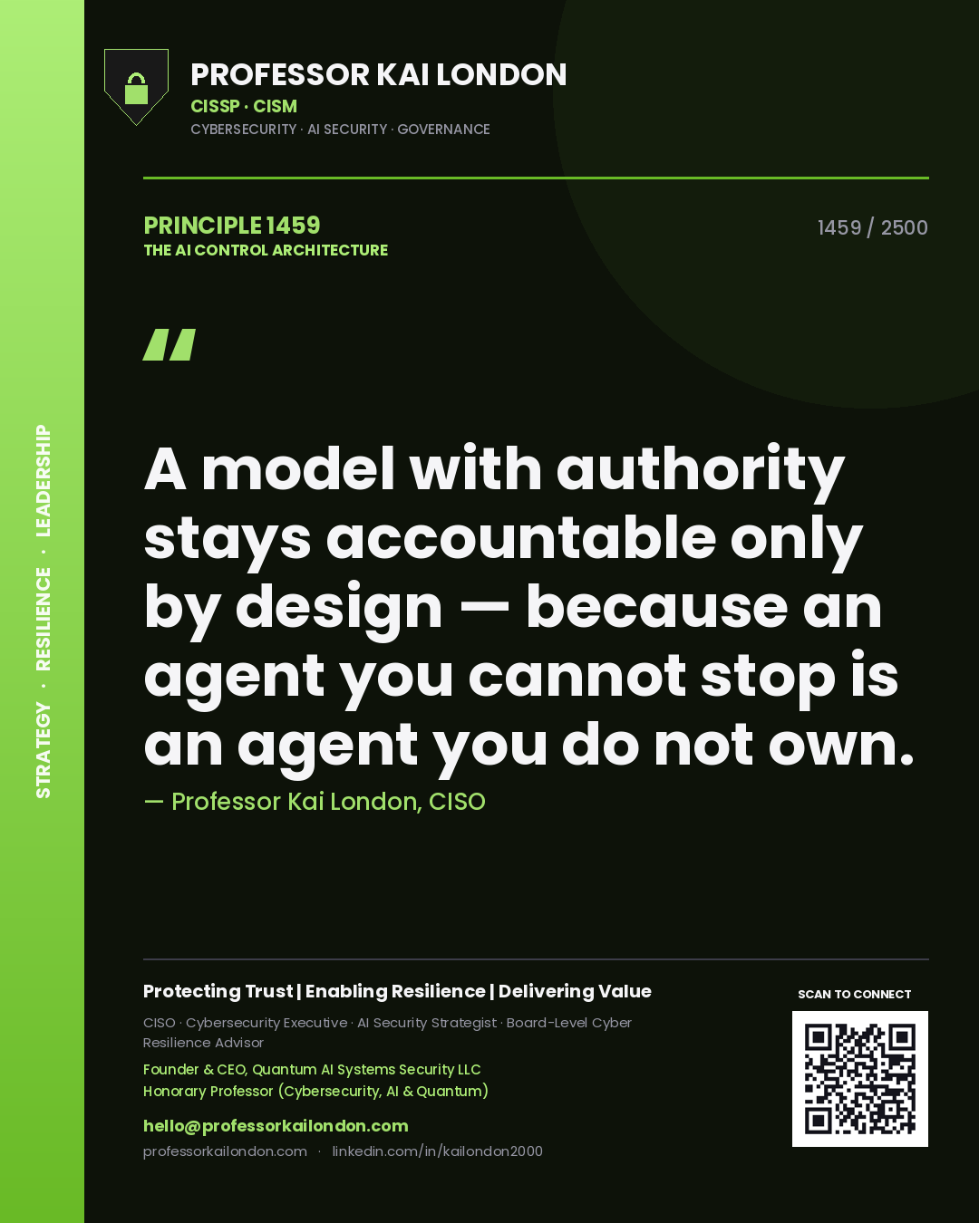 Quote card by Professor Kai London reading 'A model with authority stays accountable only by design — because an agent you cannot stop is an agent you do not own.'. From the book The AI Control Architecture.