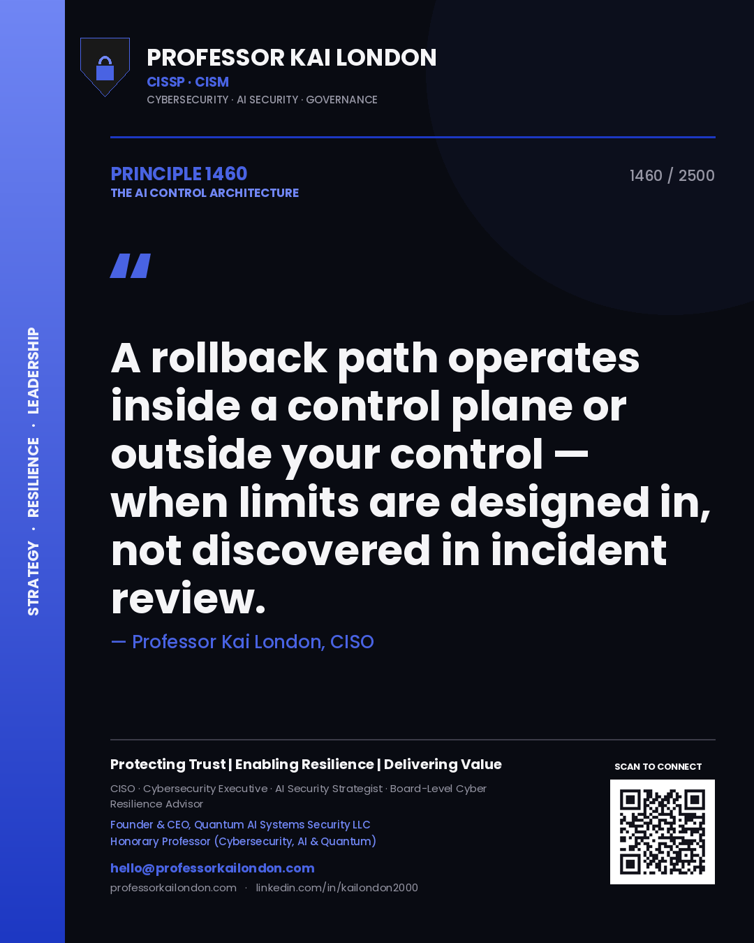 Quote card by Professor Kai London reading 'A rollback path operates inside a control plane or outside your control — when limits are designed in, not discovered in incident review.'. From the book The AI Control Architecture.
