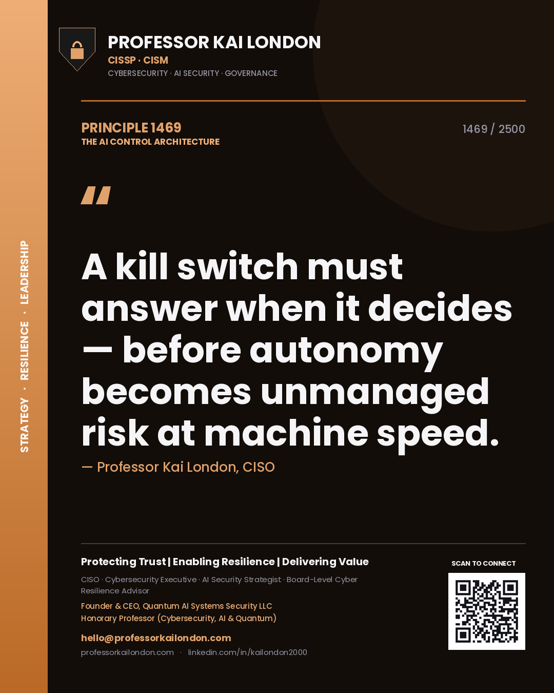 Professor Kai London principle 1469: A kill switch must answer when it decides — before autonomy becomes unmanaged risk at machine speed.