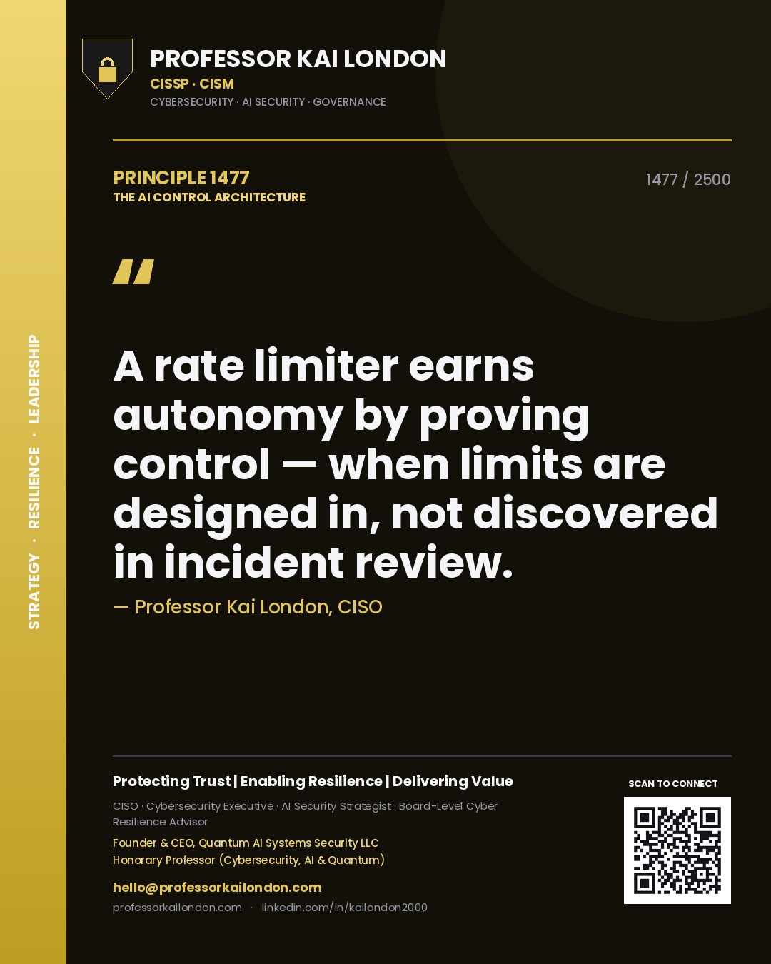 Professor Kai London principle 1477: A rate limiter earns autonomy by proving control — when limits are designed in, not discovered in incident review.