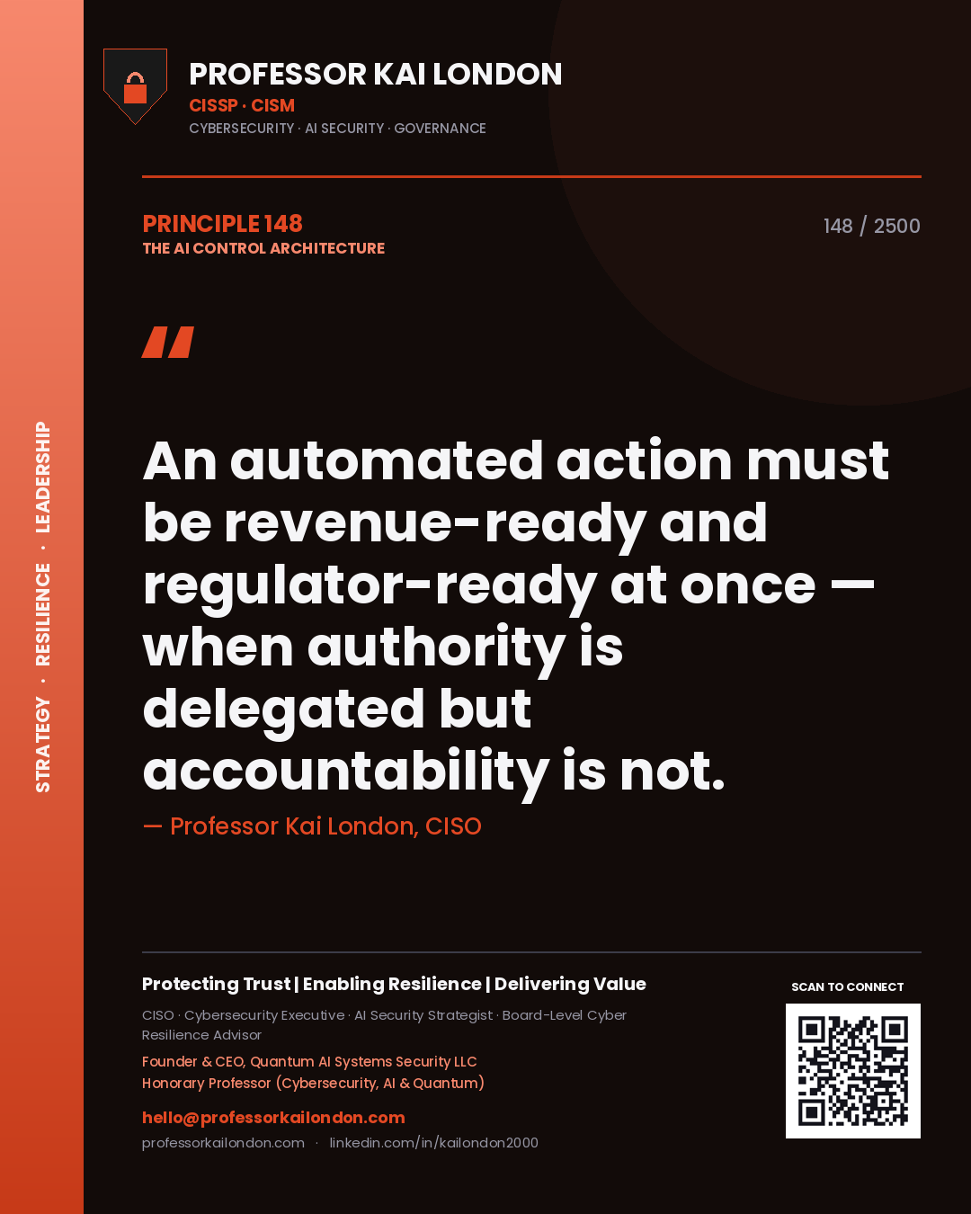 Quote card by Professor Kai London reading 'An automated action must be revenue-ready and regulator-ready at once — when authority is delegated but accountability is not.'. From the book The AI Control Architecture.