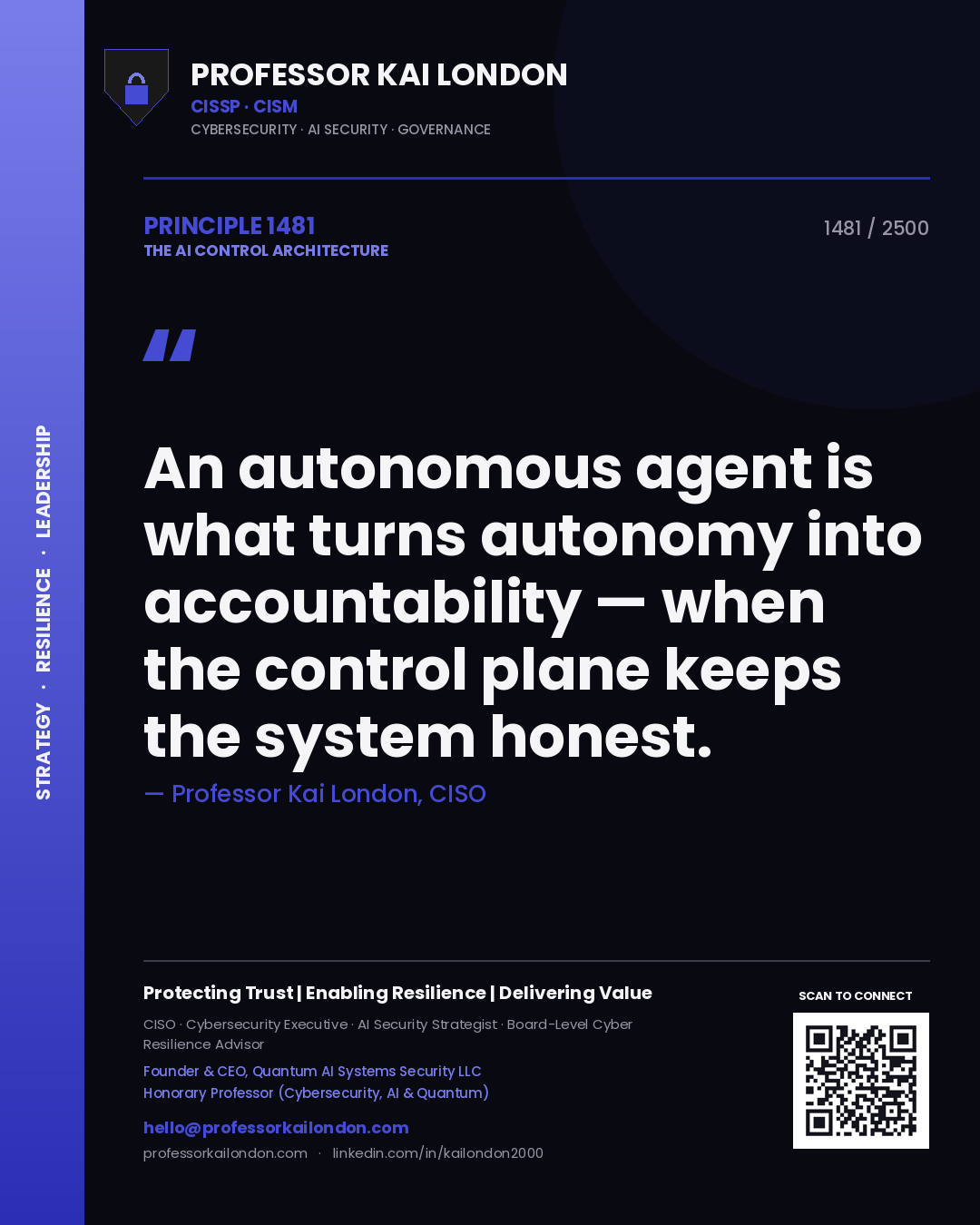 Professor Kai London principle 1481: An autonomous agent is what turns autonomy into accountability — when the control plane keeps the system honest.