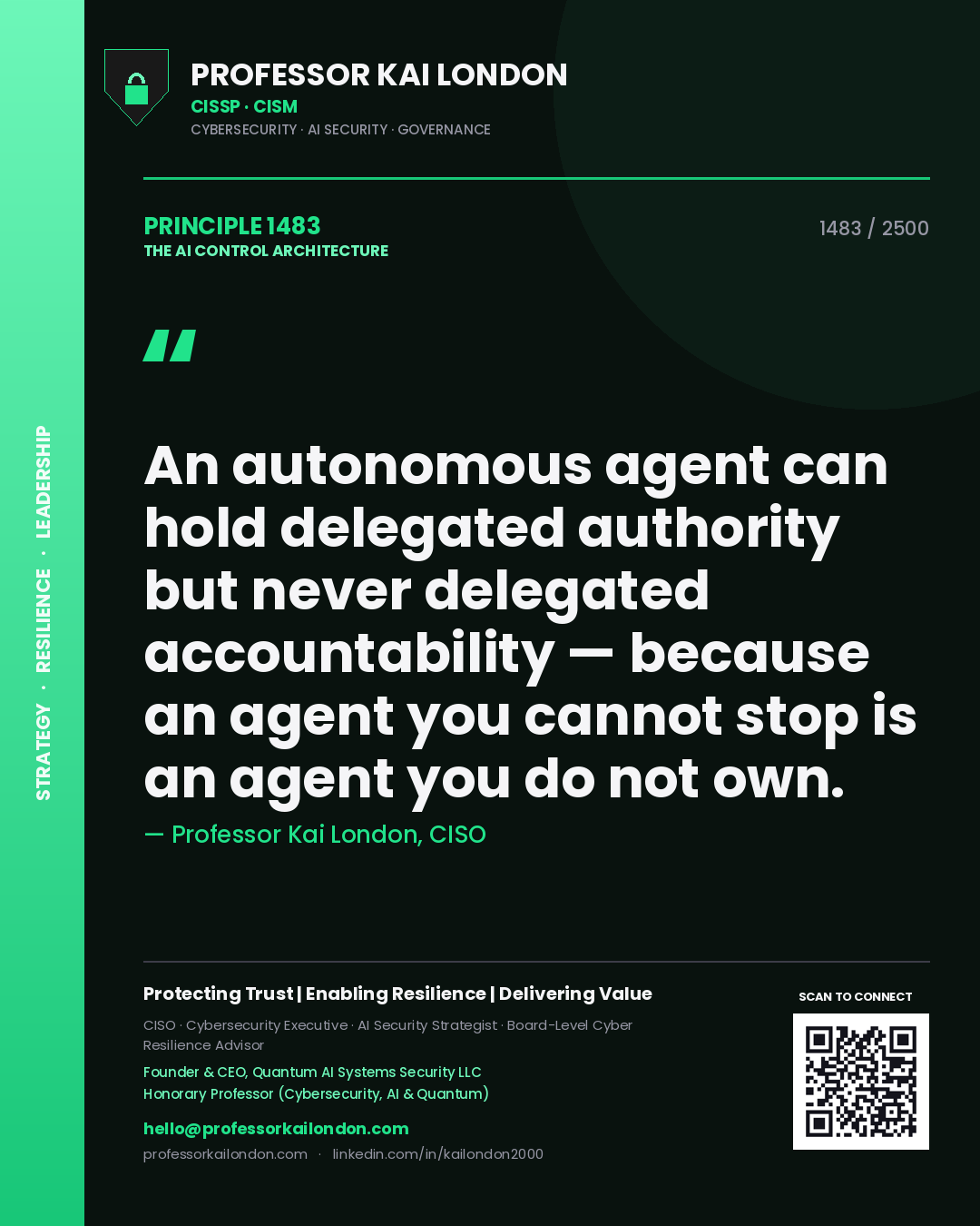 Quote card by Professor Kai London reading 'An autonomous agent can hold delegated authority but never delegated accountability — because an agent you cannot stop is an agent you do not own.'. From the book The AI Control Architecture.