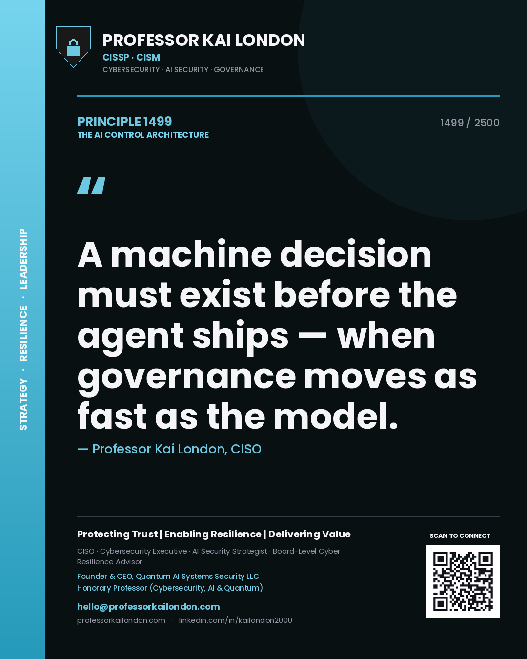 Quote card by Professor Kai London reading 'A machine decision must exist before the agent ships — when governance moves as fast as the model.'. From the book The AI Control Architecture.
