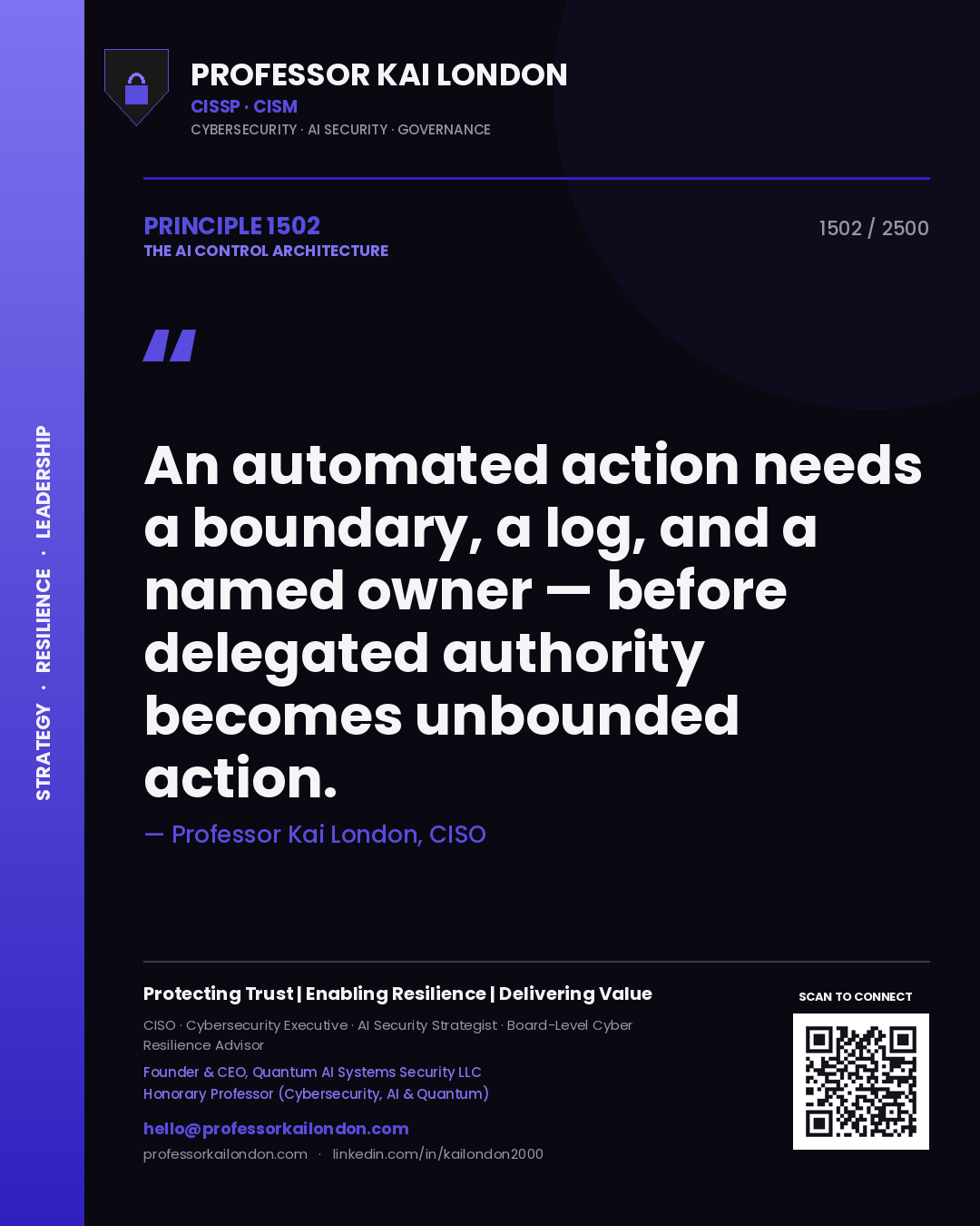 Quote card by Professor Kai London reading 'An automated action needs a boundary, a log, and a named owner — before delegated authority becomes unbounded action.'. From the book The AI Control Architecture.