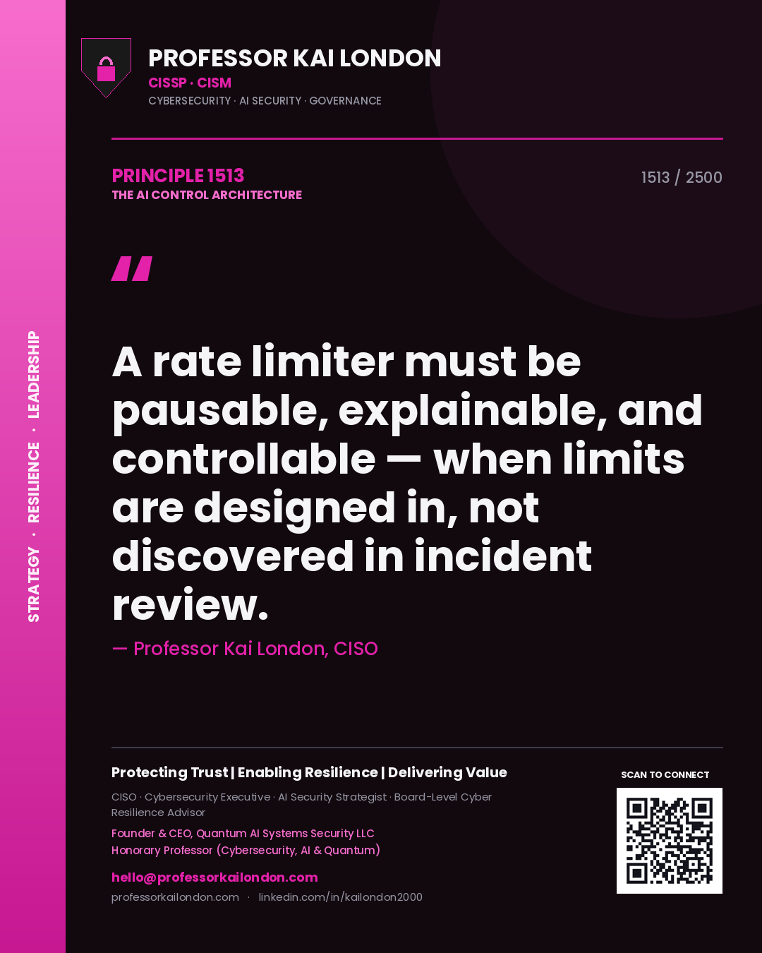 Quote card by Professor Kai London reading 'A rate limiter must be pausable, explainable, and controllable — when limits are designed in, not discovered in incident review.'. From the book The AI Control Architecture.
