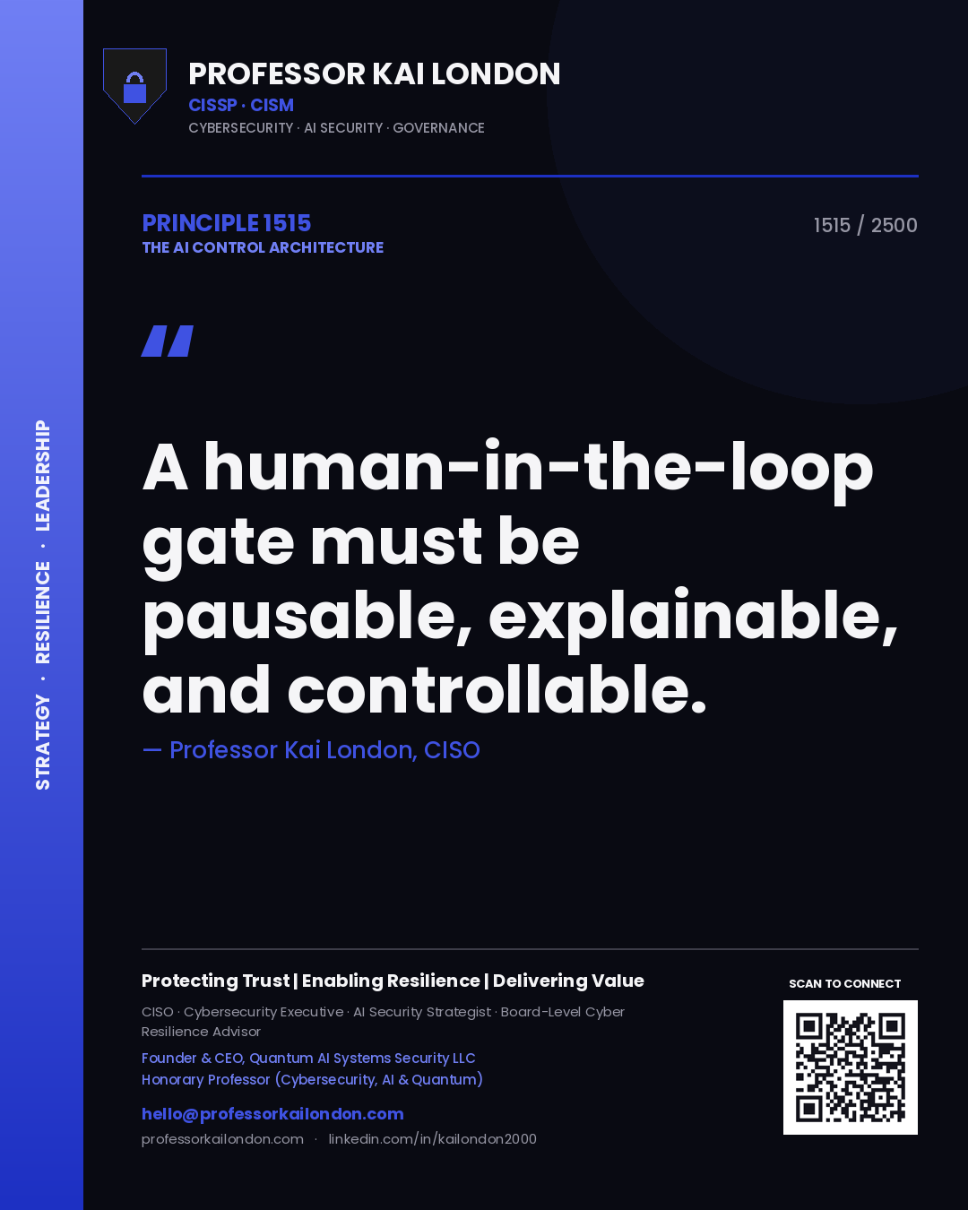 Quote card by Professor Kai London reading 'A human-in-the-loop gate must be pausable, explainable, and controllable.'. From the book The AI Control Architecture.