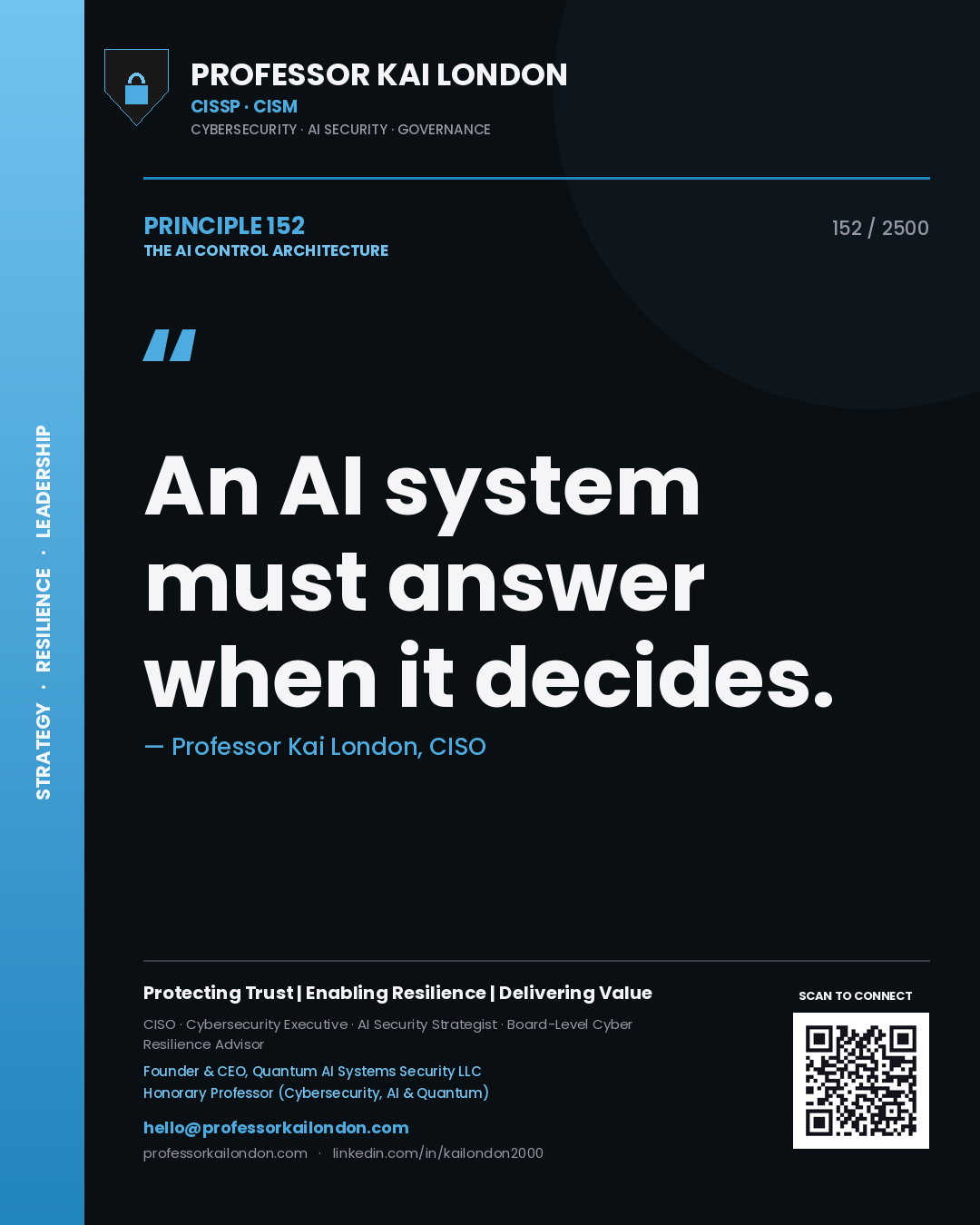 Quote card by Professor Kai London reading 'An AI system must answer when it decides.'. From the book The AI Control Architecture.
