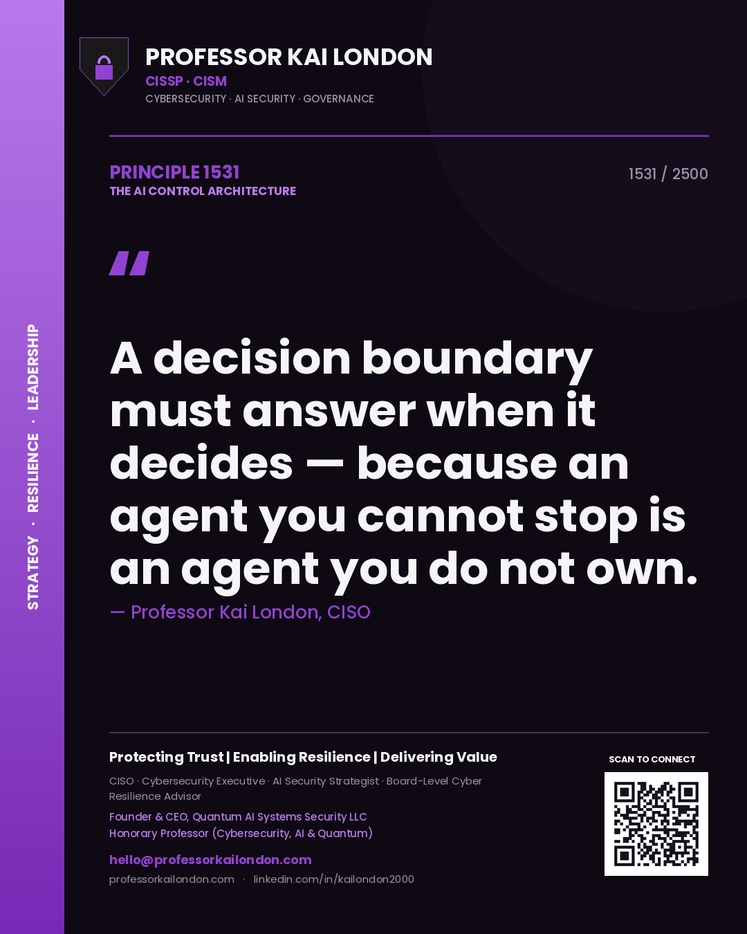 Professor Kai London principle 1531: A decision boundary must answer when it decides — because an agent you cannot stop is an agent you do not own.