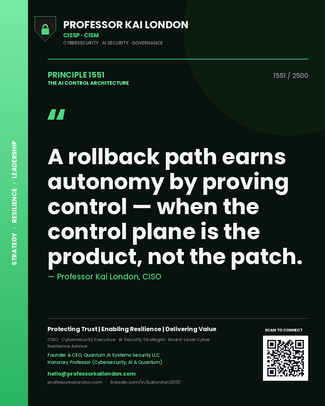 Quote card by Professor Kai London reading 'A rollback path earns autonomy by proving control — when the control plane is the product, not the patch.'. From the book The AI Control Architecture.
