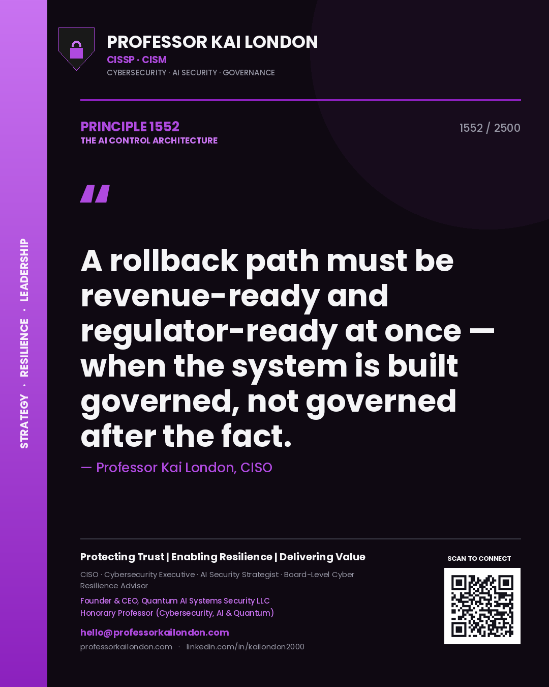 Professor Kai London principle 1552: A rollback path must be revenue-ready and regulator-ready at once — when the system is built governed, not governed after the fact.
