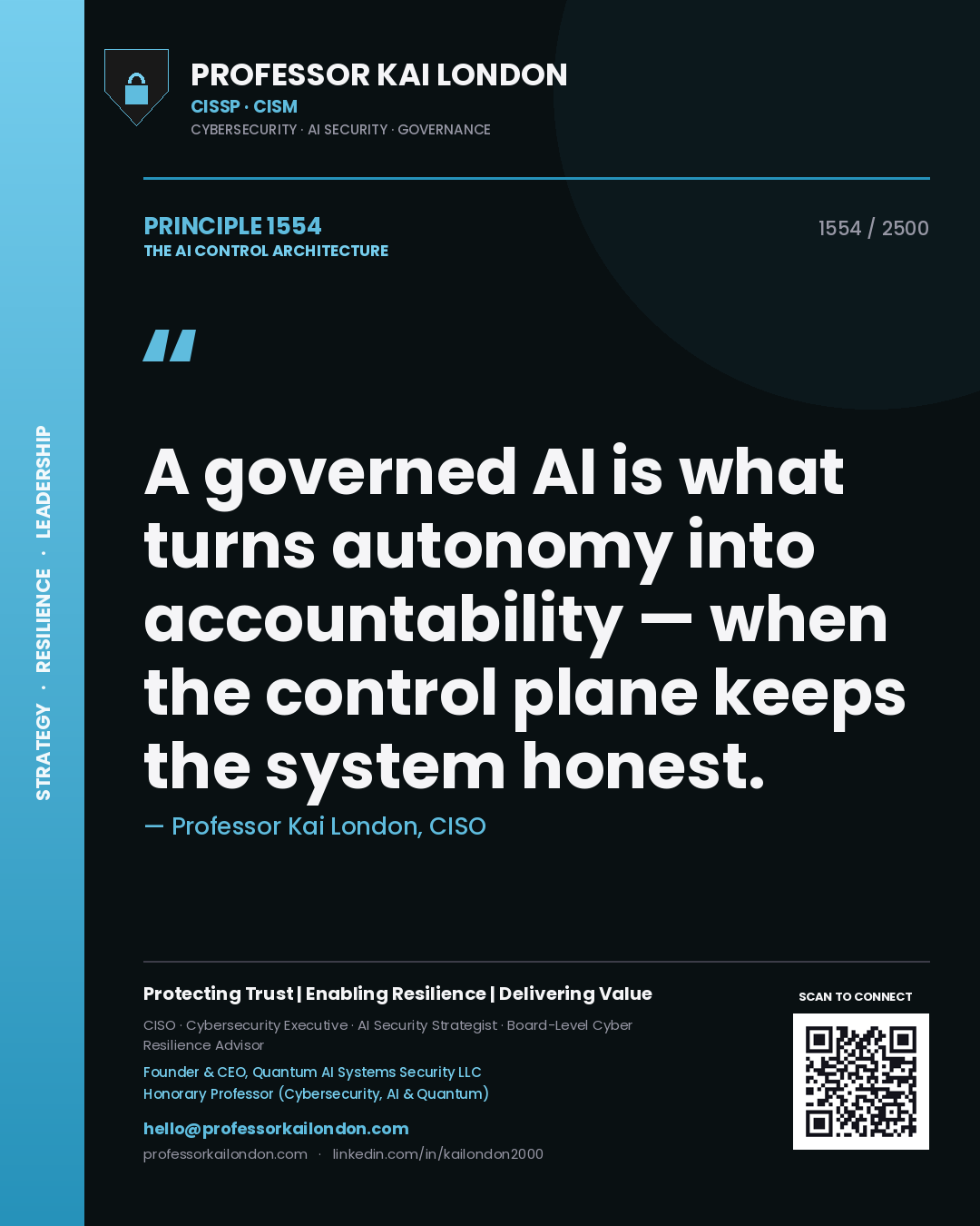 Quote card by Professor Kai London reading 'A governed AI is what turns autonomy into accountability — when the control plane keeps the system honest.'. From the book The AI Control Architecture.