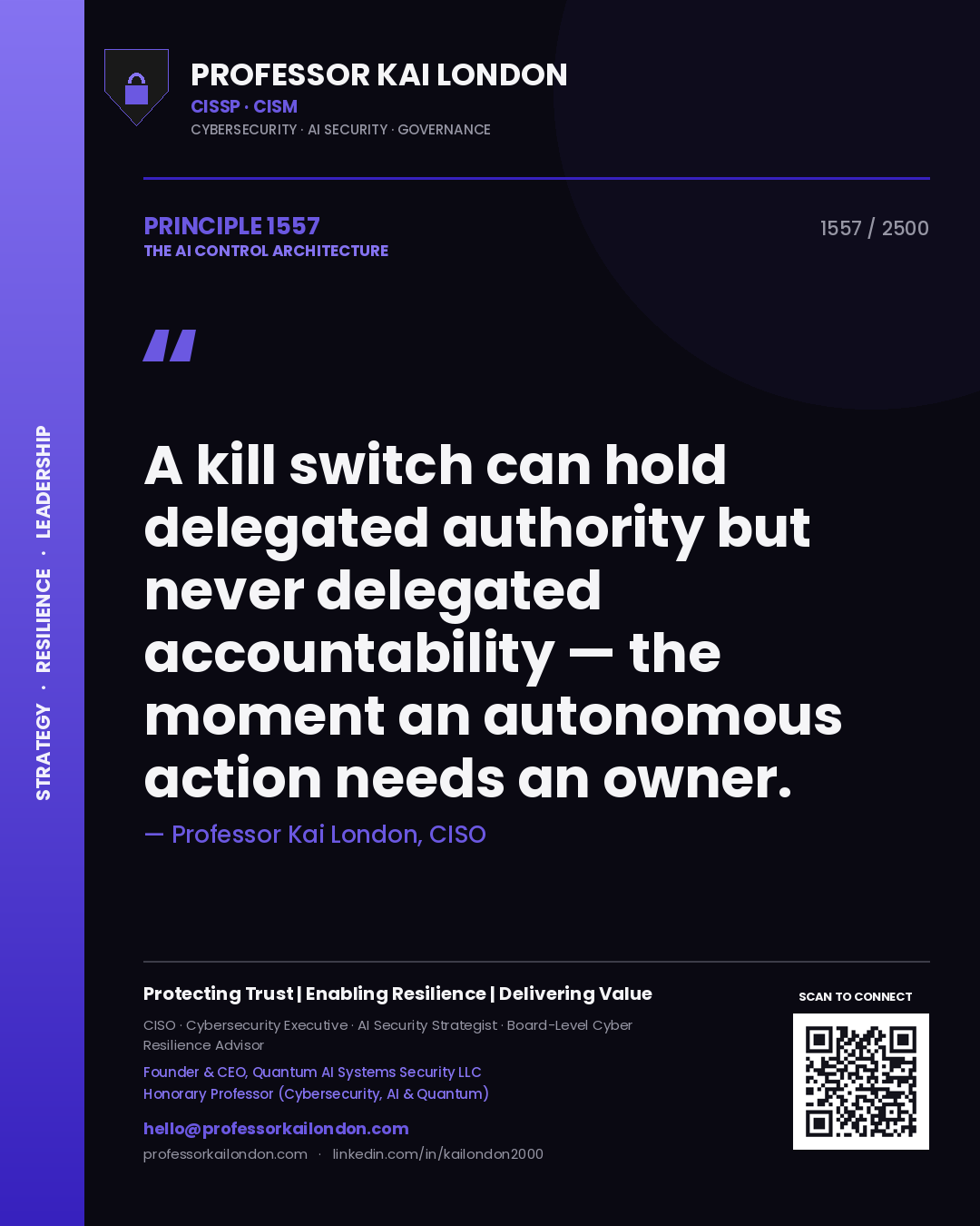 Quote card by Professor Kai London reading 'A kill switch can hold delegated authority but never delegated accountability — the moment an autonomous action needs an owner.'. From the book The AI Control Architecture.