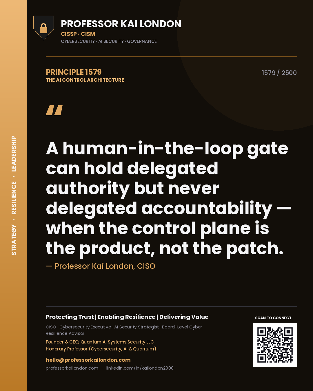 Professor Kai London principle 1579: A human-in-the-loop gate can hold delegated authority but never delegated accountability — when the control plane is the product, not the patch.