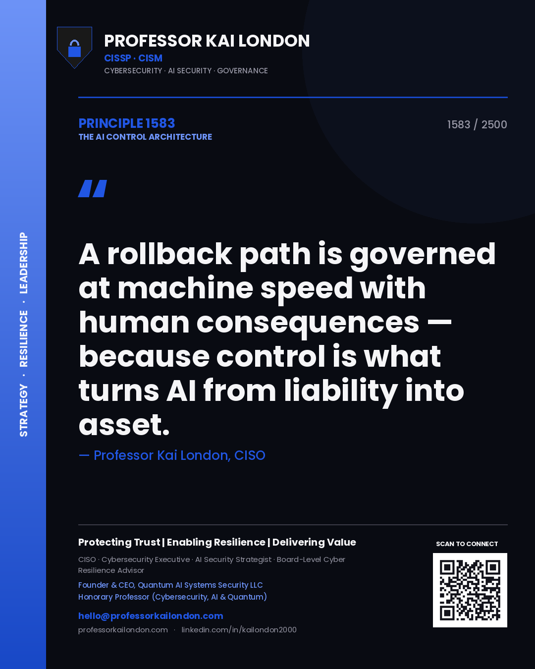 Professor Kai London principle 1583: A rollback path is governed at machine speed with human consequences — because control is what turns AI from liability into asset.