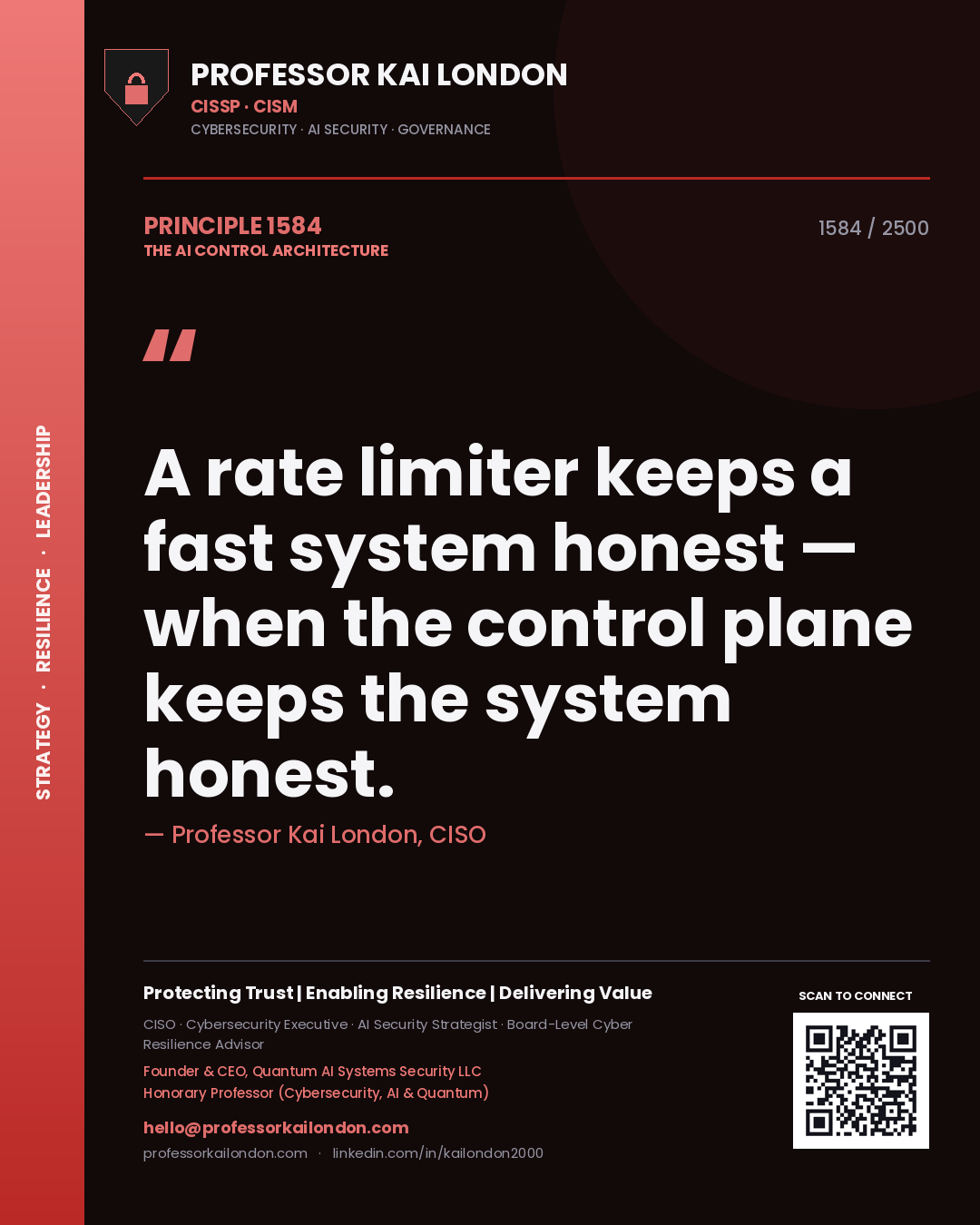 Quote card by Professor Kai London reading 'A rate limiter keeps a fast system honest — when the control plane keeps the system honest.'. From the book The AI Control Architecture.