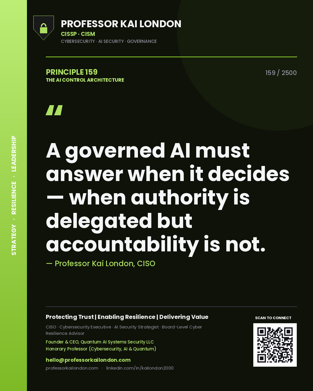 Professor Kai London principle 159: A governed AI must answer when it decides — when authority is delegated but accountability is not.