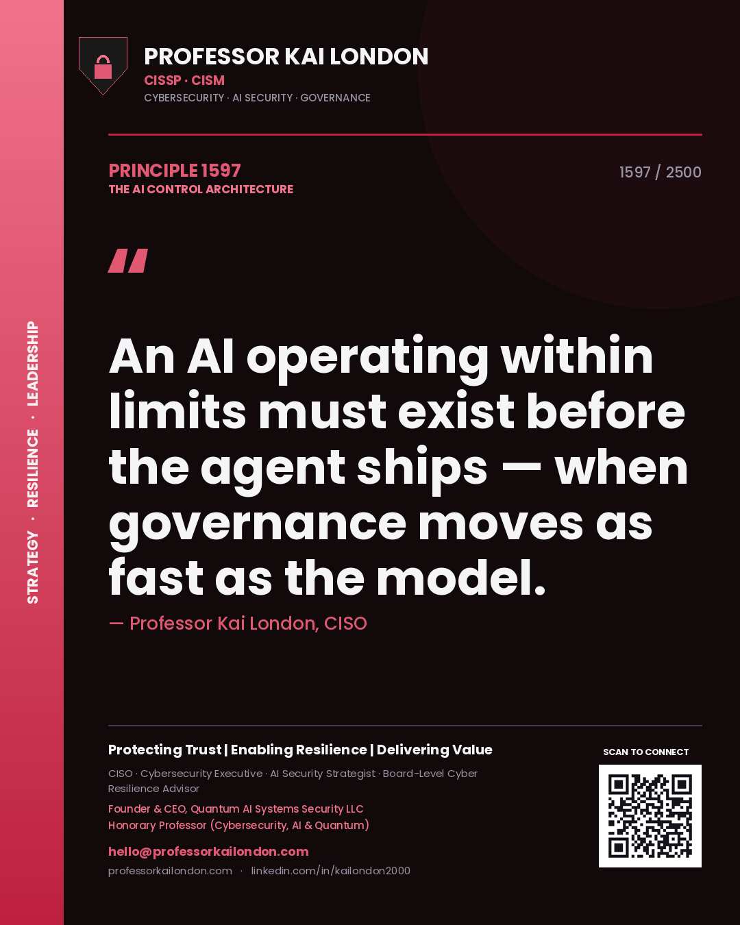 Professor Kai London principle 1597: An AI operating within limits must exist before the agent ships — when governance moves as fast as the model.