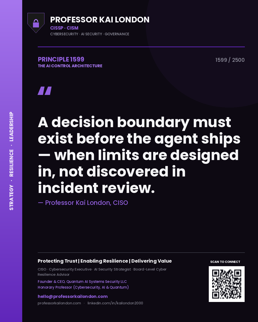 Professor Kai London principle 1599: A decision boundary must exist before the agent ships — when limits are designed in, not discovered in incident review.