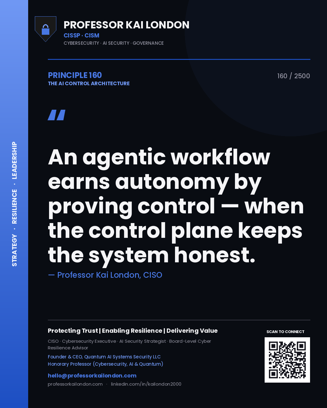 Professor Kai London principle 160: An agentic workflow earns autonomy by proving control — when the control plane keeps the system honest.