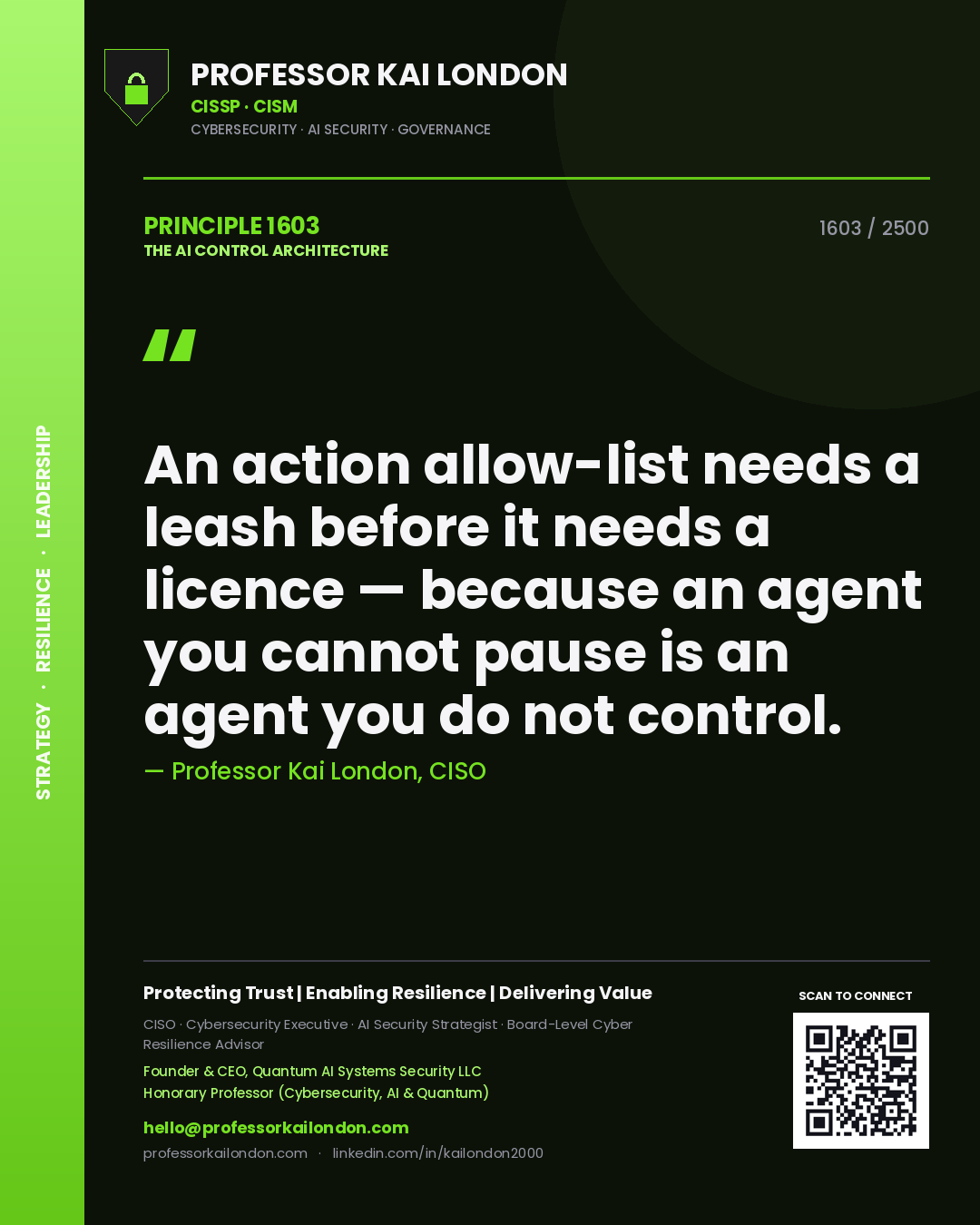 Quote card by Professor Kai London reading 'An action allow-list needs a leash before it needs a licence — because an agent you cannot pause is an agent you do not control.'. From the book The AI Control Architecture.