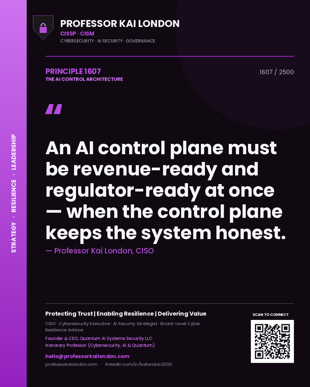 Quote card by Professor Kai London reading 'An AI control plane must be revenue-ready and regulator-ready at once — when the control plane keeps the system honest.'. From the book The AI Control Architecture.