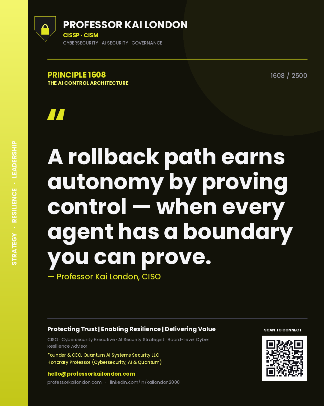 Quote card by Professor Kai London reading 'A rollback path earns autonomy by proving control — when every agent has a boundary you can prove.'. From the book The AI Control Architecture.