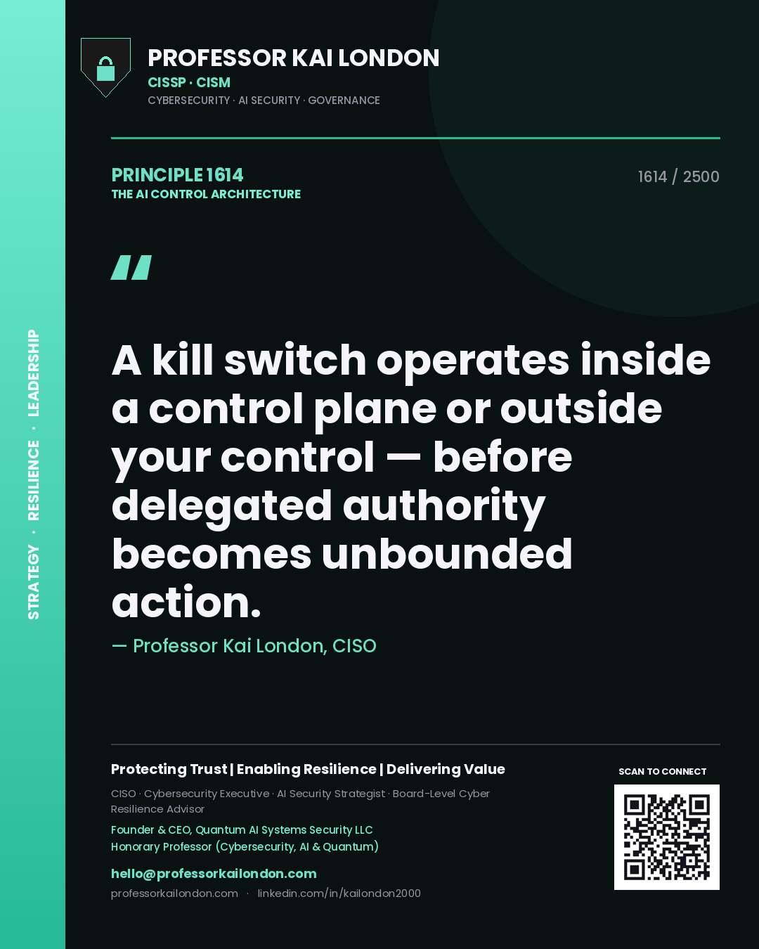 Quote card by Professor Kai London reading 'A kill switch operates inside a control plane or outside your control — before delegated authority becomes unbounded action.'. From the book The AI Control Architecture.