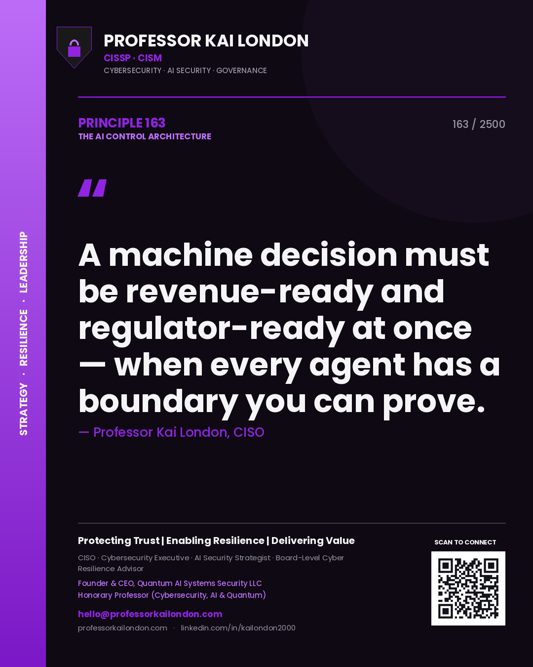 Quote card by Professor Kai London reading 'A machine decision must be revenue-ready and regulator-ready at once — when every agent has a boundary you can prove.'. From the book The AI Control Architecture.